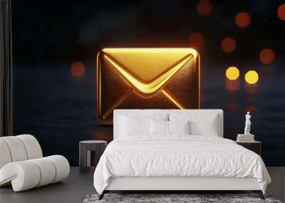 Gold email icon with notification, 3D rendering of a new email message notice gold icon. Concept of subscription to newsletter.  Wall mural