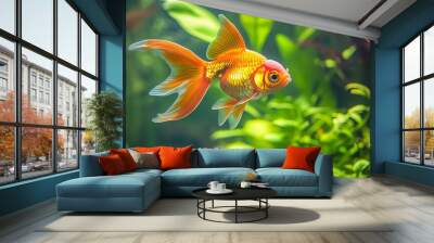 Goldfish thrive in freshwater aquariums adorned with lush green plants, creating a vibrant and natural tropical ambiance.  Wall mural