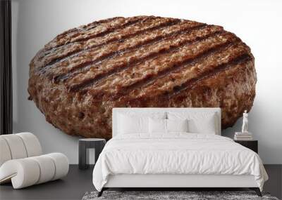 Isolated on a stark white backdrop, a sizable patty of flame-grilled hamburger meat presents a tantalizing image, inviting tantalizing thoughts of juicy indulgence.  Wall mural