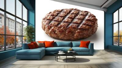 Isolated on a stark white backdrop, a sizable patty of flame-grilled hamburger meat presents a tantalizing image, inviting tantalizing thoughts of juicy indulgence.  Wall mural