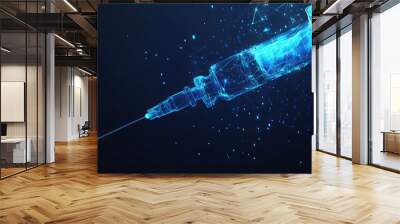 Medical vaccination or insulin injection concept. Low poly style abstract geometric background, syringe lying on a bottle. Wireframe hologram structure. Modern blue 3d graphic. Vector illustration.  Wall mural