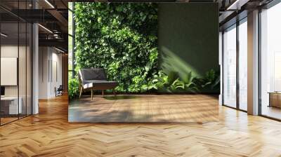 Mid-Century Modern living room featuring an empty green wall mockup, wooden flooring, and lush greenery illuminated by bright sunlight.  Wall mural