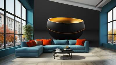 Minimal abstract 3D design with a black and gold color scheme. A golden sphere is contained within a black hemisphere, resembling a stack of bowls. The simple Wall mural