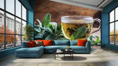 Sage mint herbal tea steeps in a clear glass cup, surrounded by fresh leaves on a wooden surface. This image evokes the concept of natural medicine and healing herbs, leaving ample space for text.  Wall mural