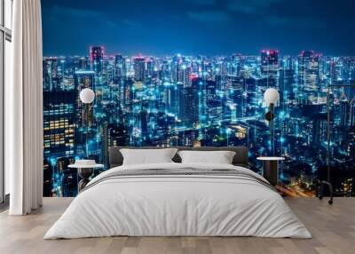 Smart city digital transformation, where twinkling city lights illuminate a modern metropolis at night. Enhanced connectivity and innovation through 5G and fiber optics empower urban environments.  Wall mural