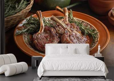 Tender rosemary-infused lamb chops, served on a ceramic plate against a Roman feast backdrop, showcase their succulent and aromatic nature.  Wall mural