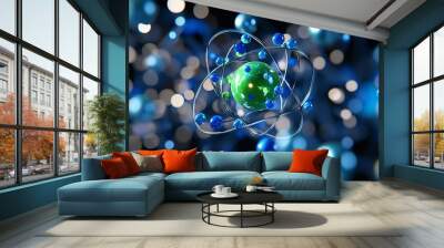 This 3D atomic model displays individual atoms with distinct colors. The center nucleus, highlighted in green, is orbited by a cloud of blue electrons, carrying a negative charge.  Wall mural