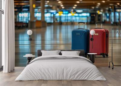 Two suitcases sit forlornly in an empty airport terminal, the echoes of departing travelers long since faded. The suitcases, a beacon of anticipation and adventure Wall mural