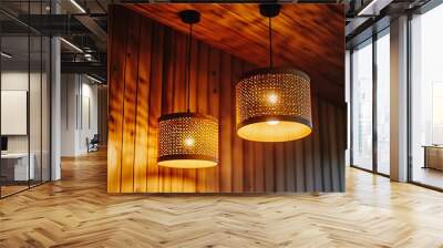 Two wooden lamps adorn the ceiling, casting a warm glow. One lamp shines brightly, illuminating the room. The wooden walls add an earthy ambiance to the space.  Wall mural