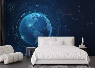 Vector illustration of isolated objects featuring Planet Earth and a global map set against a modern technological dark blue background. Depicting the future, World Wide Web, internet, technology Wall mural