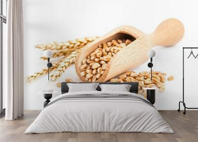 Wheat grains in a wooden scoop and wheat spikes isolated on white. This image represents the concept of food supply, vegetarian diet, carbohydrates and nutrients.  Wall mural