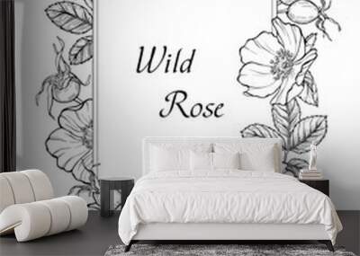 Wild rose flowers and berries card template, line art drawing.  Floral rectangular border frame, vector illustration Wall mural