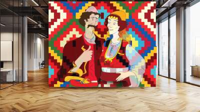 Albanian couple with traditional dress in folk background Wall mural