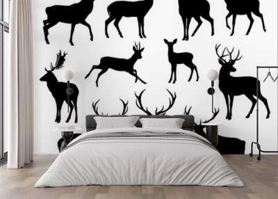 Graphic black silhouettes of wild deers – male, female and  roe deer Wall mural