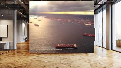 Large container ship at sea. Aerial view of cargo container ship vessel import export container sailing. AI generated illustration Wall mural