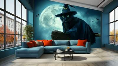 black cat in witch costume on broomstick Wall mural