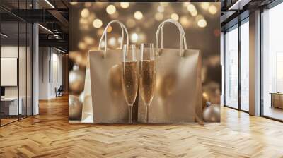 champagne glasses and gold gift bags for celebration Wall mural