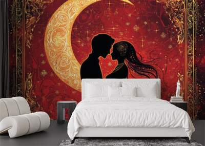 couple embracing in front of crescent moon with ornate design Wall mural