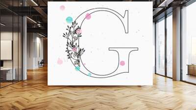 G letter. Hand drawn floral alphabet with watercolor drops. Wall mural