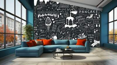 Ice cream bar doodle art. Dessert big set. Line vector elements with lettering.  Wall mural