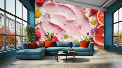 pink face mask with flowers and fruits Wall mural