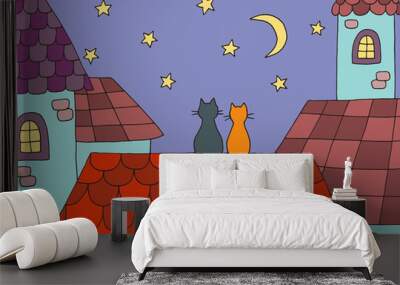 Cartoon picture with two cats in love on the roof at night Wall mural