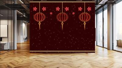 Five red chinese lanterns on scarlet floral background 3D illustration with copy space Wall mural