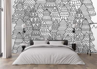 Many hand-drawn Christmas trees, coloring page Wall mural