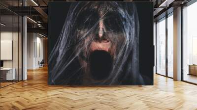 Screaming creepy character covered with spiderweb on black background Wall mural