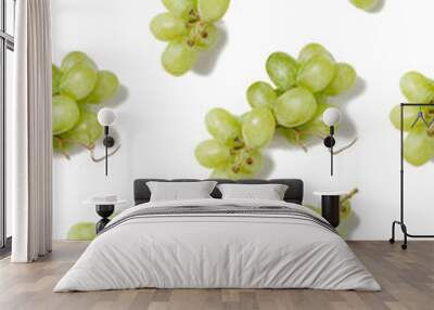 Top view flat lay green grapes pattern isolated on white background. Vegetarian food concept, wine. Detox Wall mural