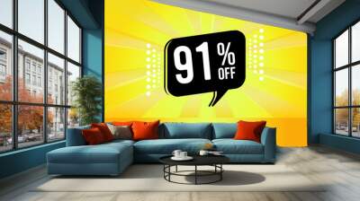 91% off. Yellow banner with ninety one percent discount on a black balloon for mega big sales. Wall mural