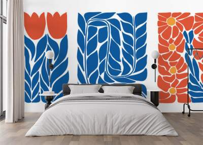 Orange abstract flowers and tulips and blue leaves. Minimalist floral art prints inspired by Matisse, doodle-like design. Vector illustration isolated on transparent background Wall mural