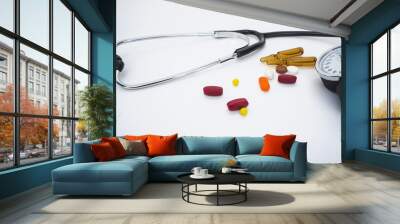 medicines and tools. ampoules, tablets and capsules. place under the text. Wall mural