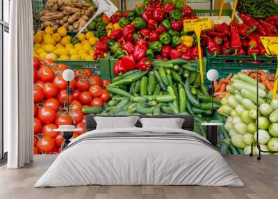 Colorful market stall with fresh vegetables for sale Wall mural