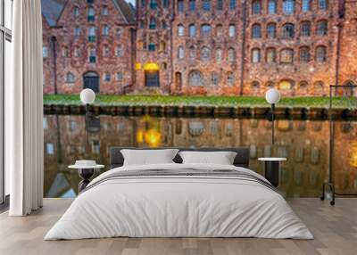 The medieval Salzspeicher with the Trave river at dawn, seen in Luebeck, Germany Wall mural