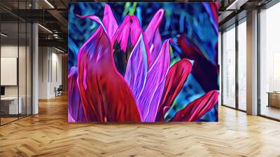 Tropical plant with pink blossom on blue. Exotic nature neon colored digital illustration. Tropical garden blooming Wall mural