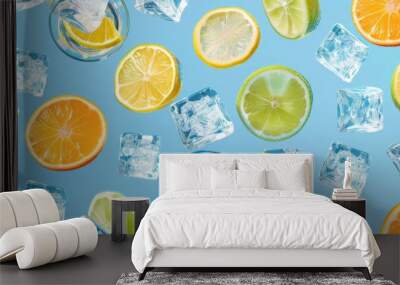 A glass and flying oranges, a vibrant wallpaper with fruits and ice cubes 🍊✨. Refreshing citrus delight for your background! Wall mural