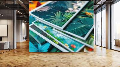 A stack of print-ready canvas posters & business cards in a studio setting, perfect for print shops, design studios, and marketing agencies 🖼️✨ Wall mural