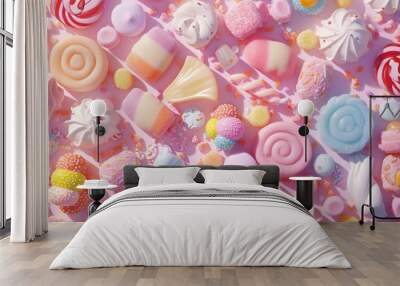 Assortment of candies in bright, vivid colors arranged for a cheerful display. 🍭🌈 A delightful mix of sweet treats that adds a burst of fun and color. Wall mural