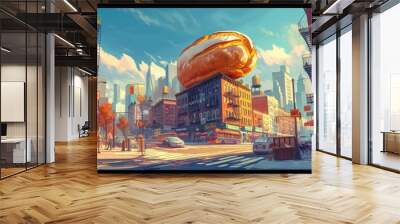 Dynamic city scene with a giant loaf of bread on a busy street. Whimsical and surreal with vibrant colors, capturing the lively energy of urban life. 🍞🌟 Wall mural