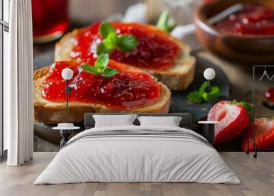 Fresh strawberry jam spread on toast Wall mural