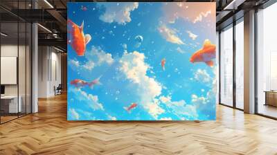 Goldfish swimming among fluffy clouds in a bright sky Wall mural