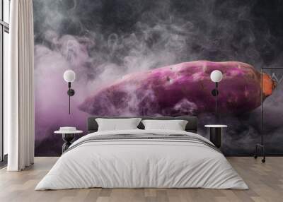 Panoramic view of purple sweet potato on black background with smoke, evoking culinary mystique and vibrant allure. 🍠💨 #FoodArt Wall mural