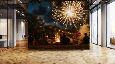 Friends celebrating a 4th of July backyard party with American flag and fireworks, capturing the festive holiday spirit Wall mural