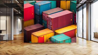 Vibrant container ships loaded with colourful cargo boxes, docked port Wall mural