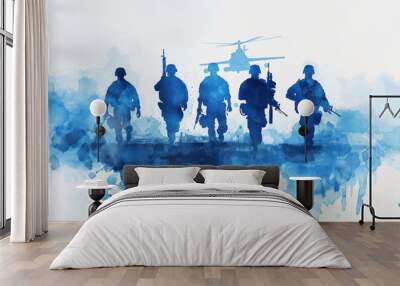 Blue digital painting of soldier in military uniform, arm forces Wall mural