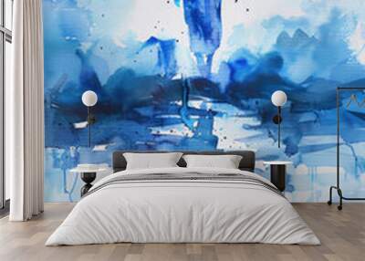 Blue splash watercolor of Jesus Christ walking on clouds Wall mural