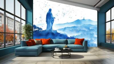 Blue watercolor of Grace virgin Mary statue, religious design art Wall mural