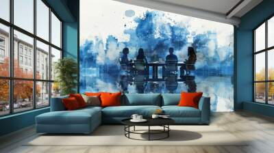 Blue watercolor paint of people discussion on business meeting Wall mural