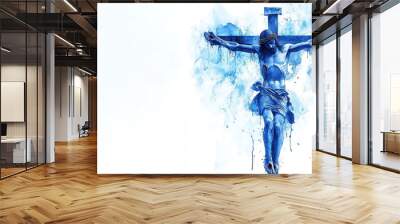 Blue watercolor painting of Crucifixion of Jesus Christ Wall mural